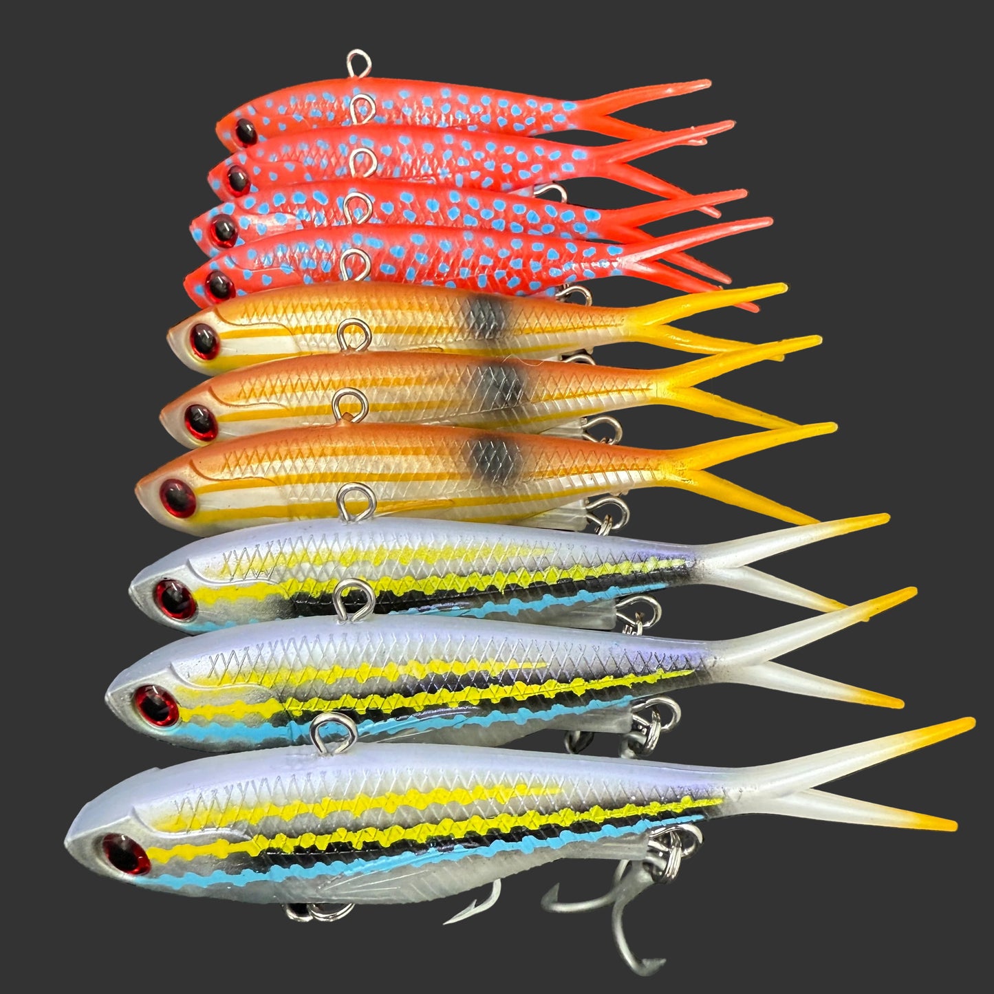 Full set of Reel Action OTT Pack 2.0 fishing lures, Trout, Stripey, and Volt Runner colours.