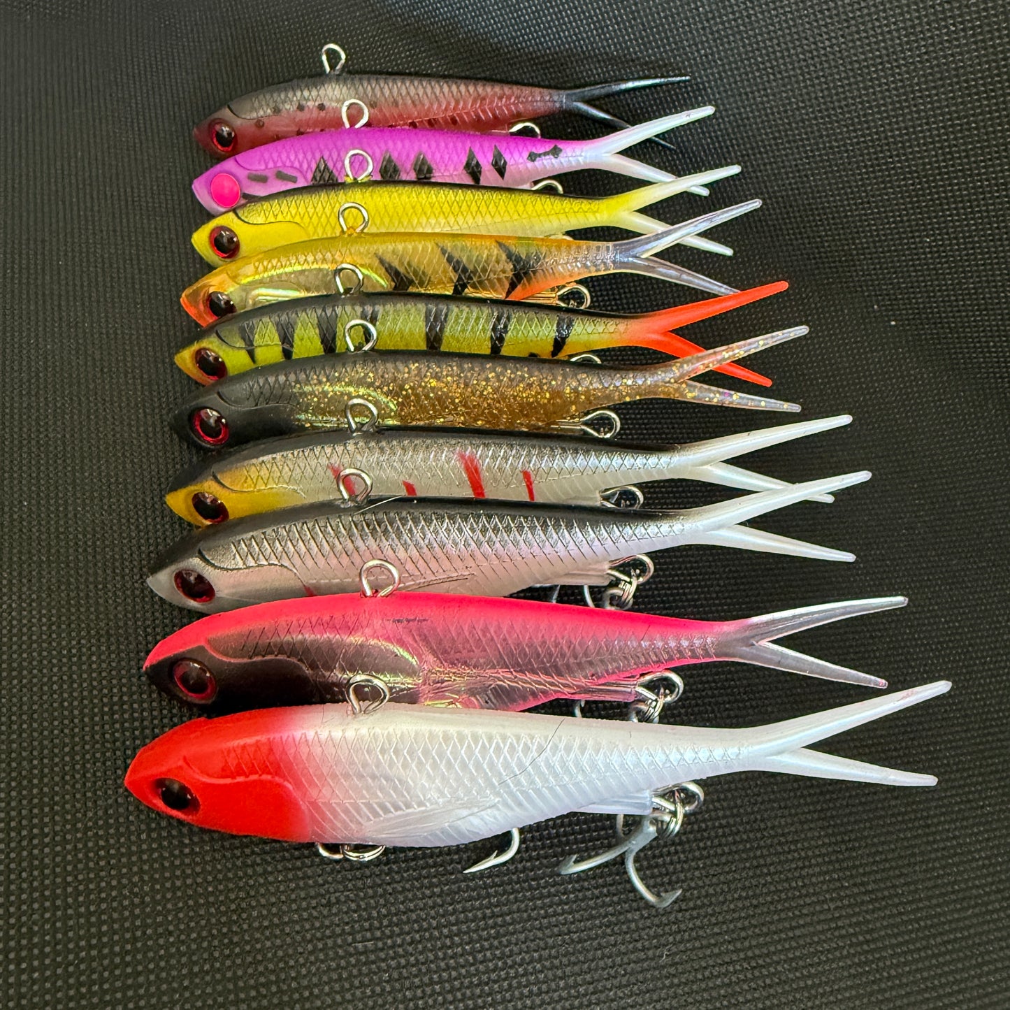 115mm 45g Weapon Box fishing lures – red, green, orange colour mix – heavy vibration vibes with treble hooks