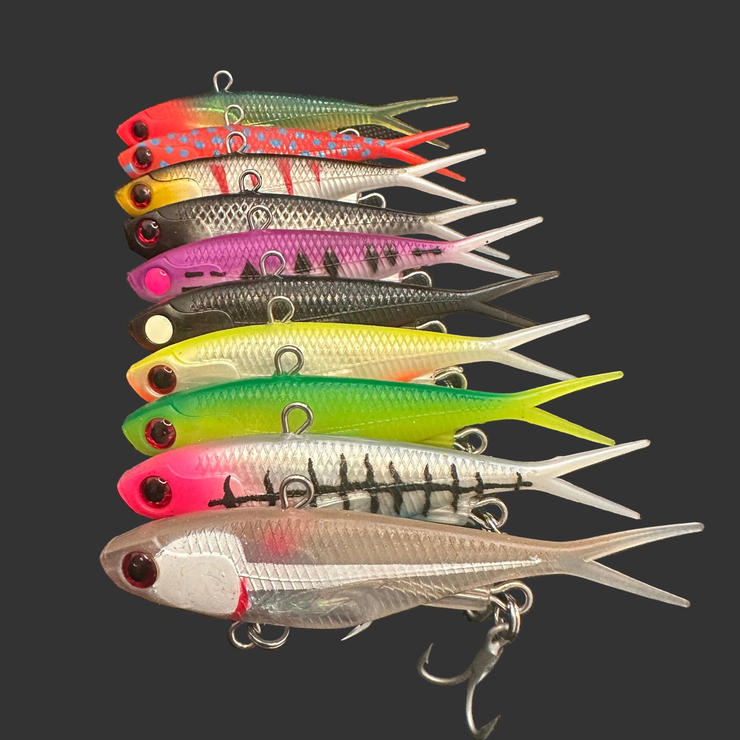 Close-up of Reel Action 95mm / 26g vibes with strong trebles and split rings.