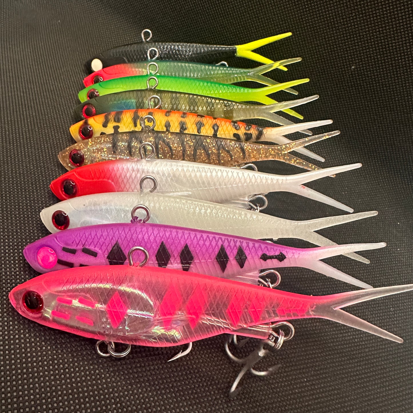 Close-up of 115mm 45g vibes with HD split rings and strong hooks