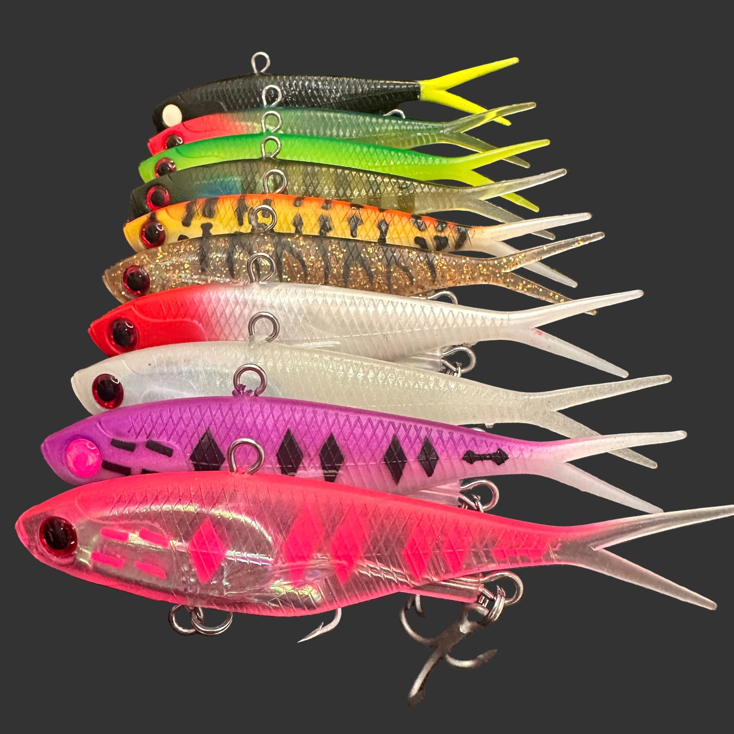 Close-up of 115mm 45g vibes with HD split rings and strong hooks