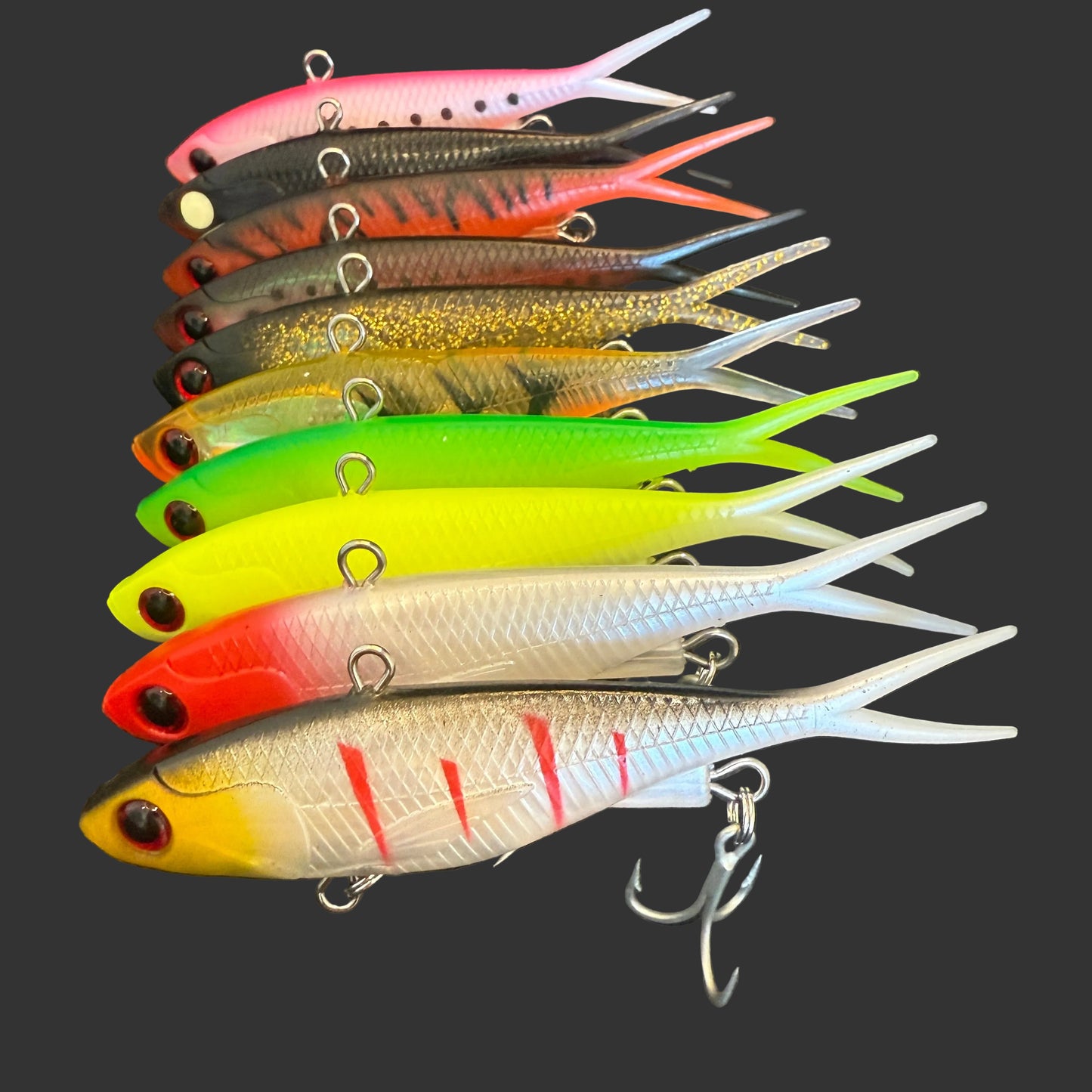 Mixed lure pack with 20 hardbody and vibe fishing lures in assorted colours