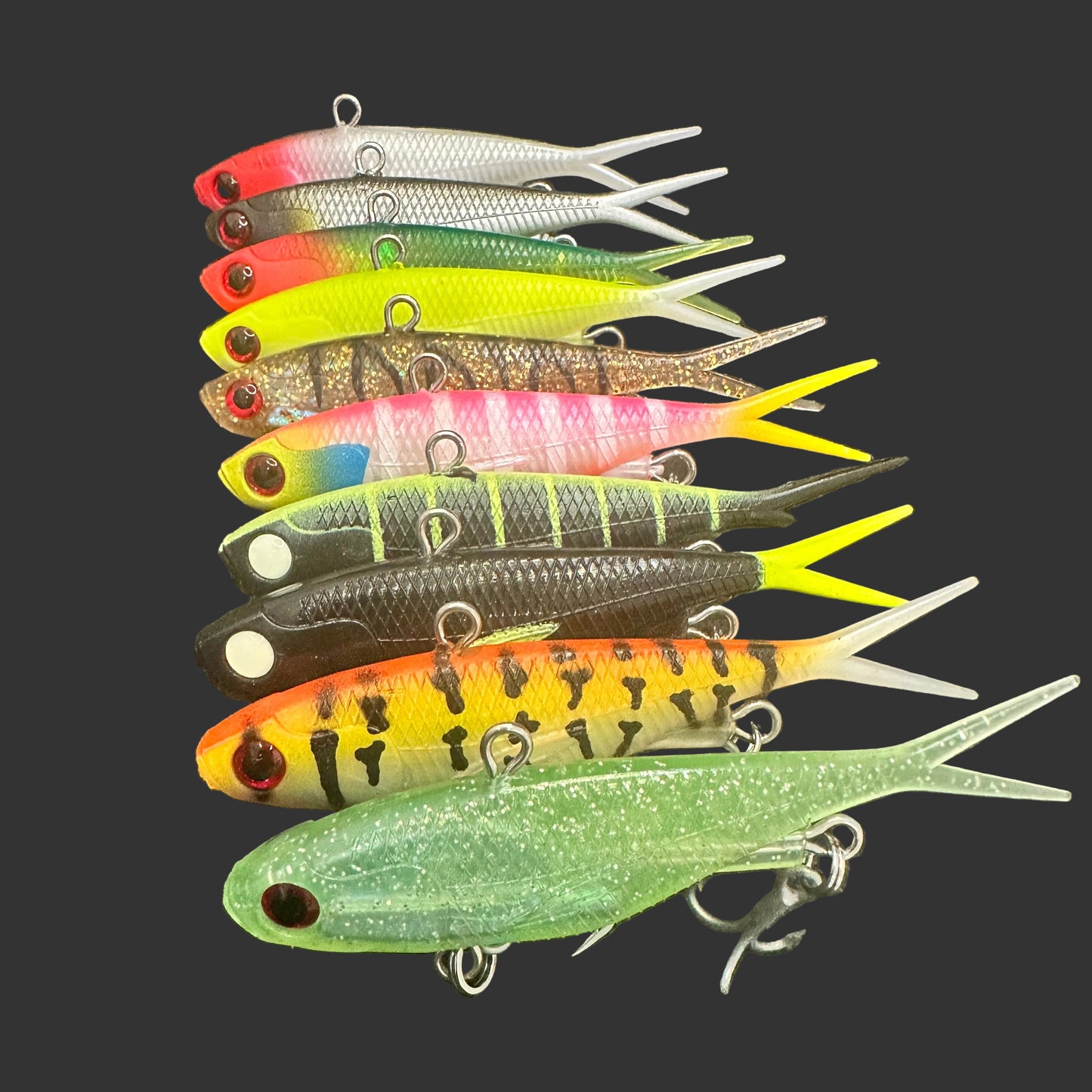 Assorted 95mm 20g Weapon Box lipless vibe lures packed in reusable lure tray, perfect for tight water and spooky fish – Reel Action Lures
