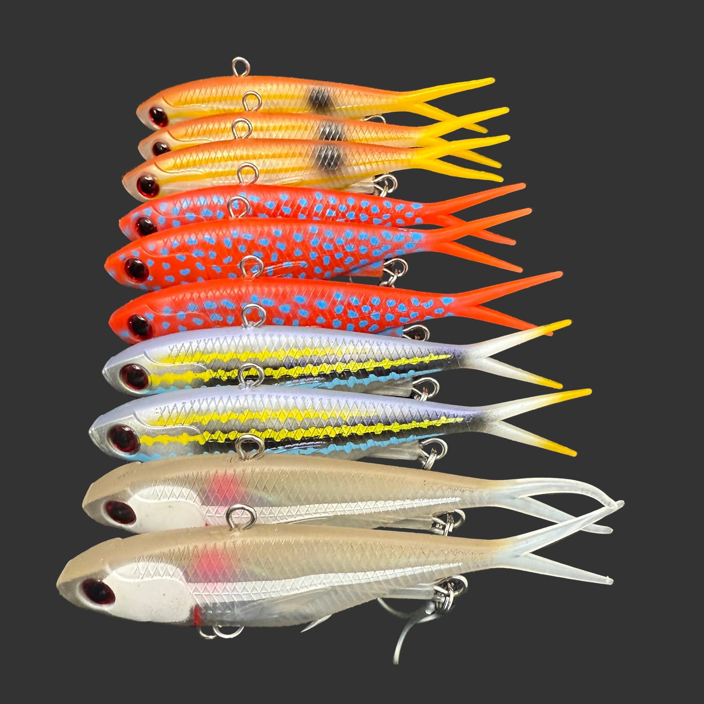 Fresh Hit Box 2.0 pack of mixed colour vibe lures including Stripey, Trout, Whitebait and Volt Runner, rigged with HD trebles.