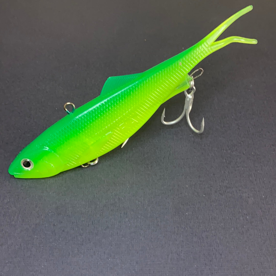 Close-up of Reel Action 160mm Green Vibe fishing lure with soft plastic tail and BKK trebles.