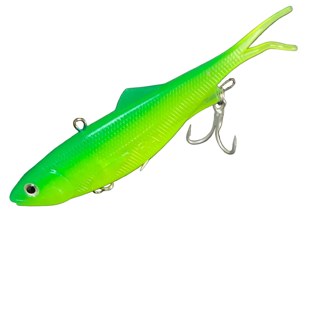 Close-up of Reel Action 160mm Green Vibe fishing lure with soft plastic tail and BKK trebles.