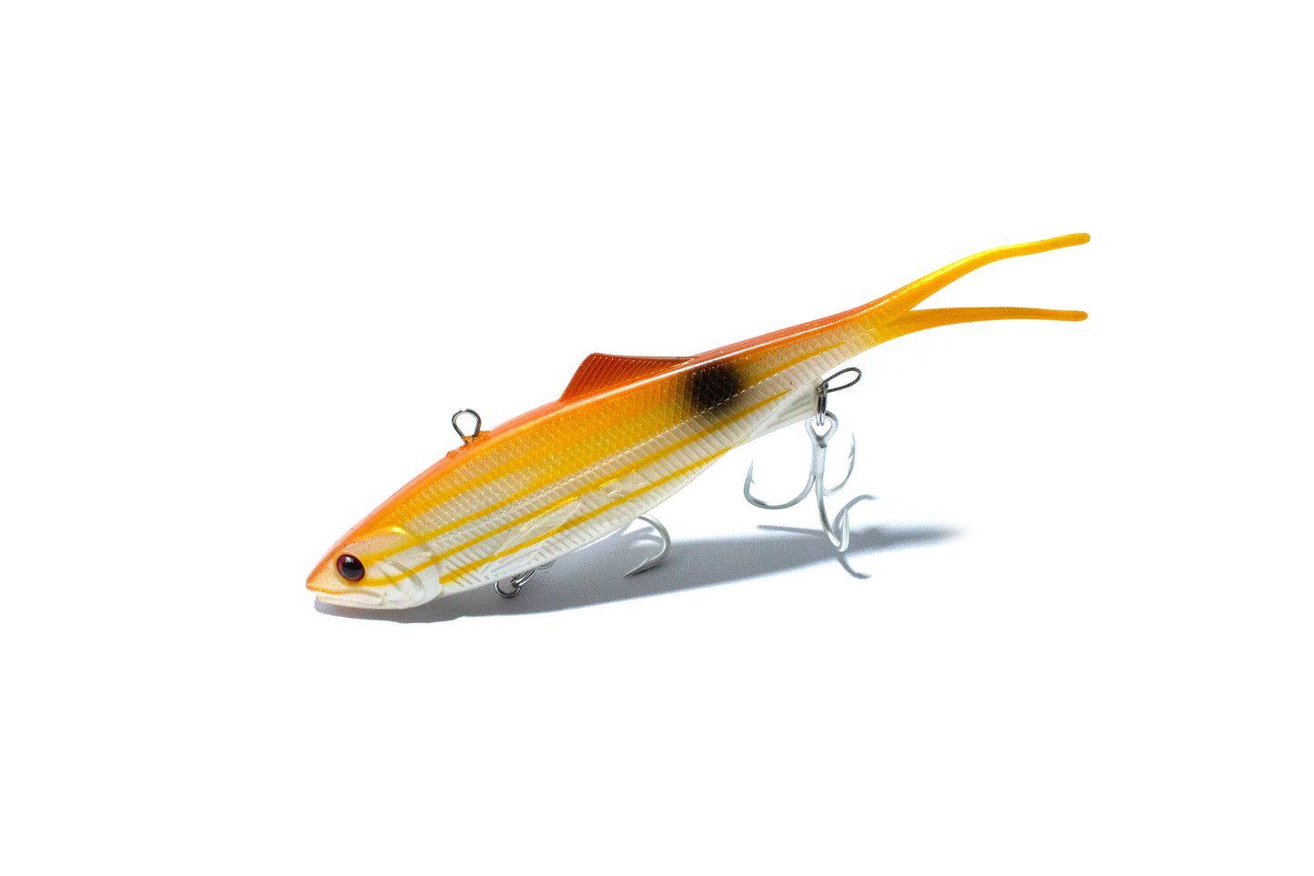 160mm Reel Action Vibe – Stripey lure in orange and gold striped finish with BKK trebles, side view