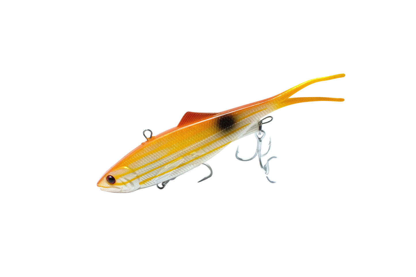 160mm Reel Action Vibe – Stripey lure in orange and gold striped finish with BKK trebles, side view