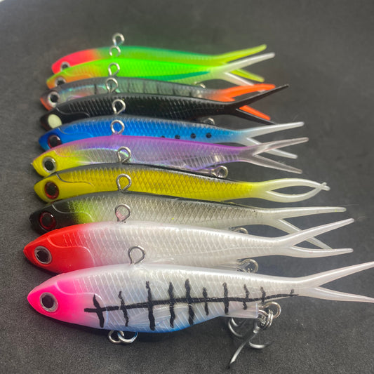 Bulk pack of 115mm 45g tough wire soft vibes in assorted colours for barra fishing