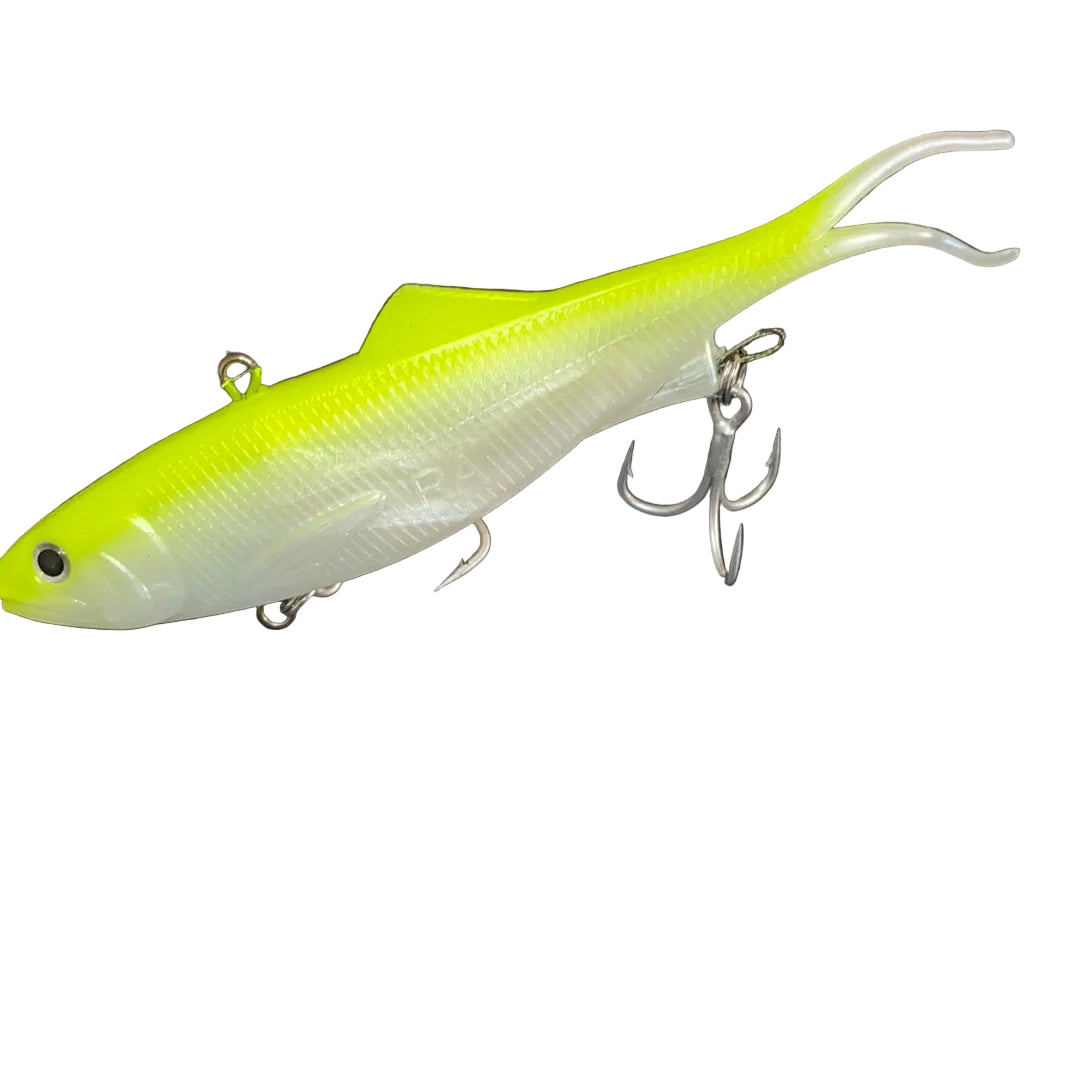 Close-up of Reel Action 160mm Chartreuse/White Vibe fishing lure with soft plastic tail and BKK trebles.