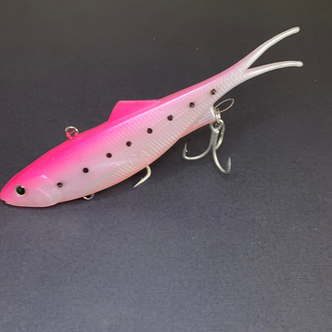160mm Yaas Gabs pink and white vibe fishing lure with black spots and soft tail