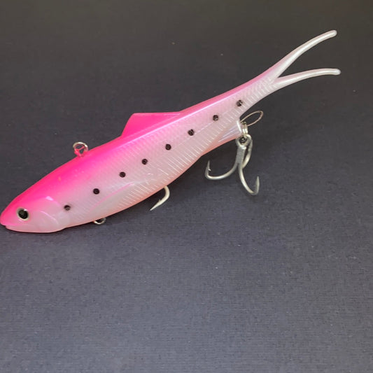 160mm Yaas Gabs pink and white vibe fishing lure with black spots and soft tail