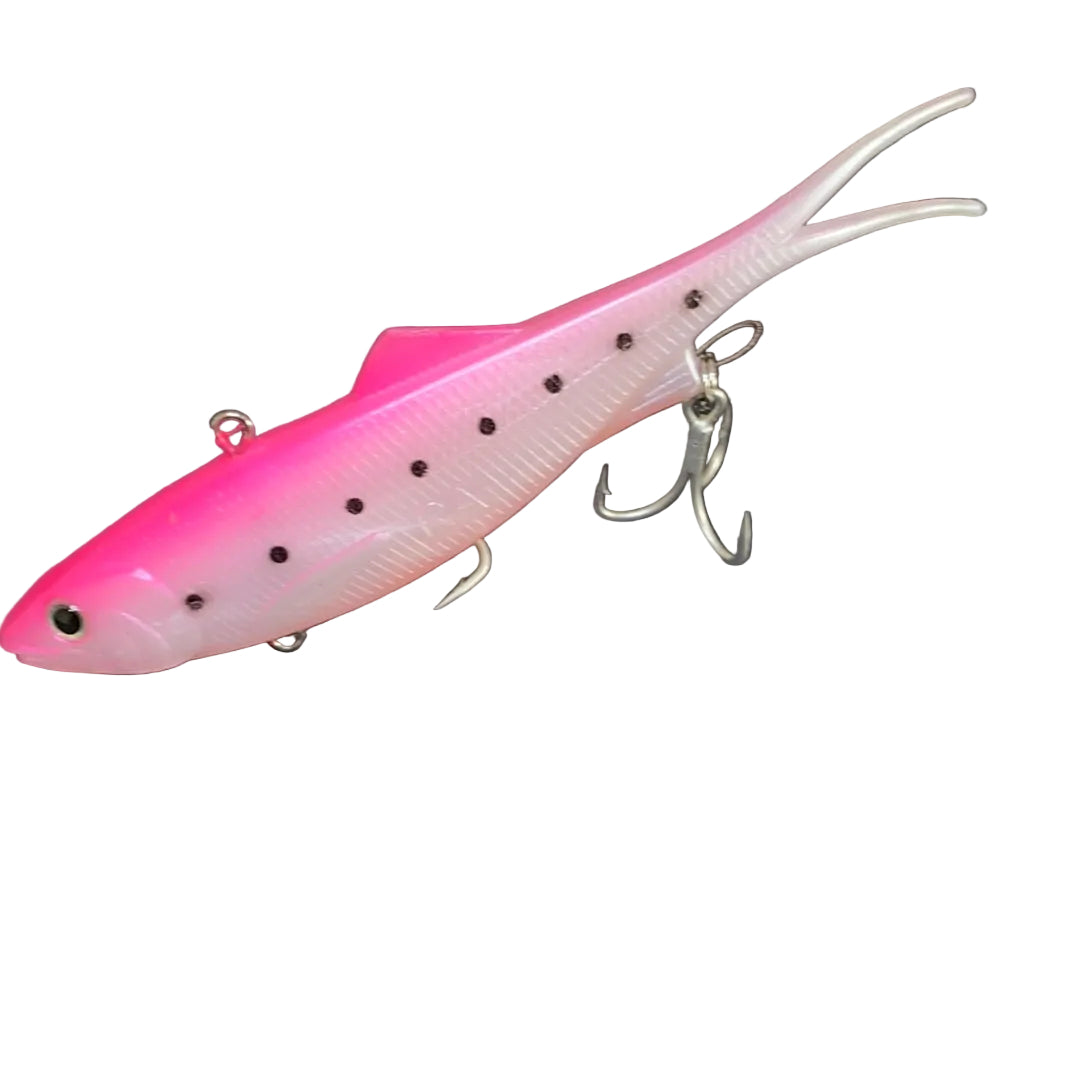160mm Yaas Gabs pink and white vibe fishing lure with black spots and soft tail