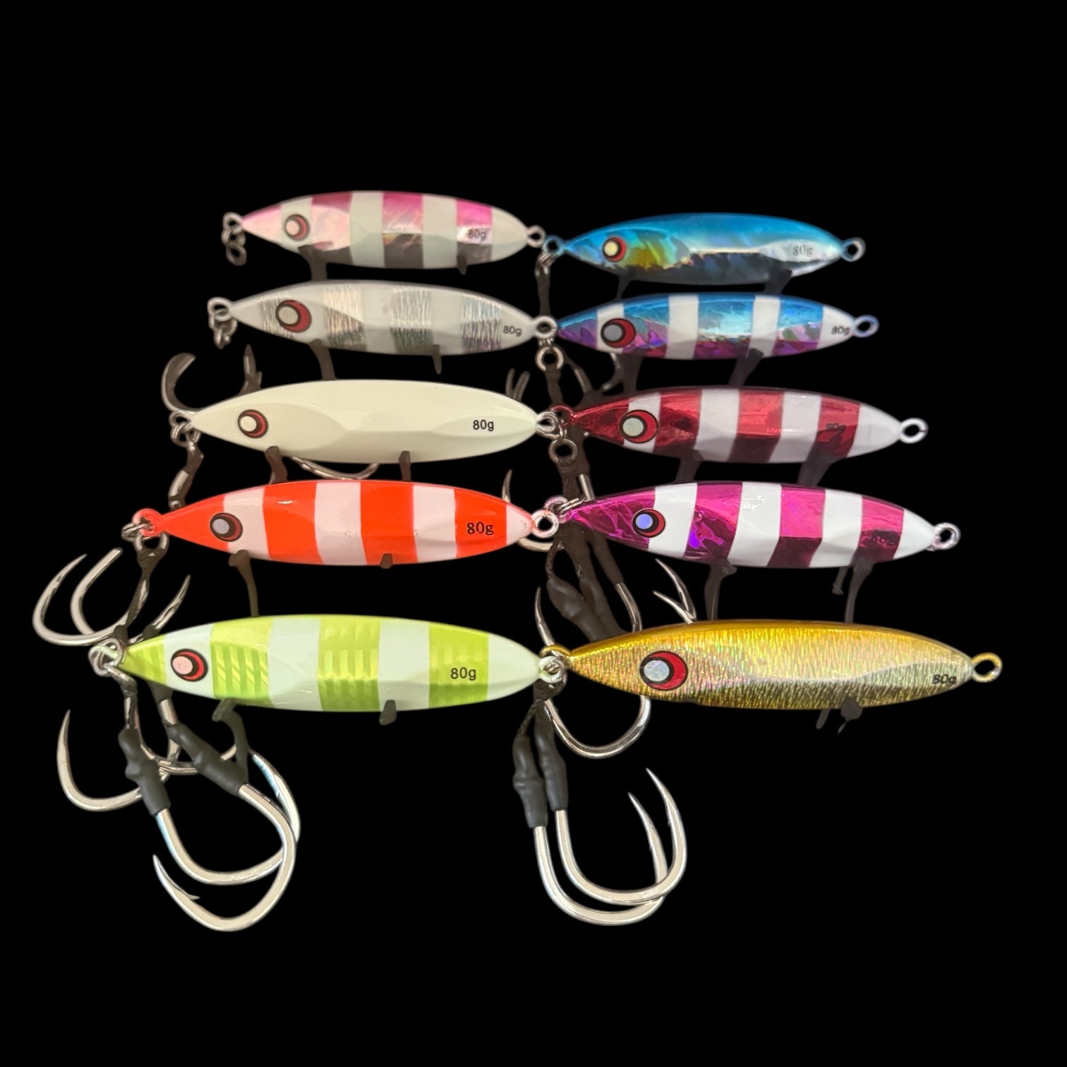 10 colour range of 100g Slow Pitch Jigs – striped metal jigs for offshore fishing