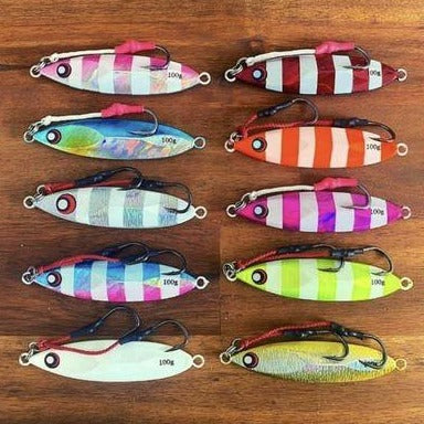 10 colour range of 100g Slow Pitch Jigs – striped metal jigs for offshore fishing